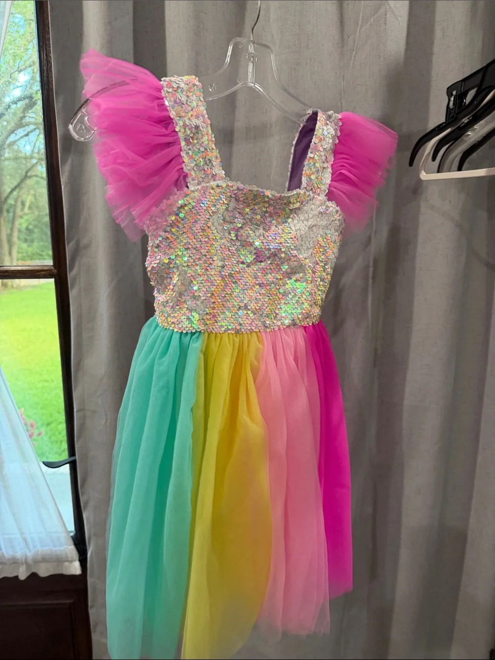 Sequin Rainbow Tulle Party Dress - Pink, Aqua, Yellow